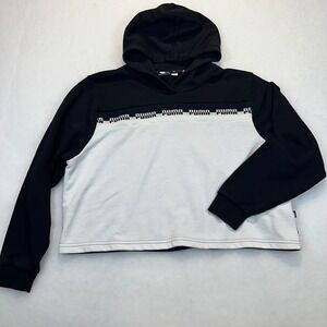 Puma Womens Cropped Hoodie Black White Logo Tape Sweatshirt 585909-01 Large